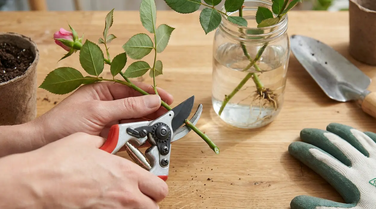 Mani che tagliano una talea di rosa con cesoie da giardinaggio su un tavolo da lavoro