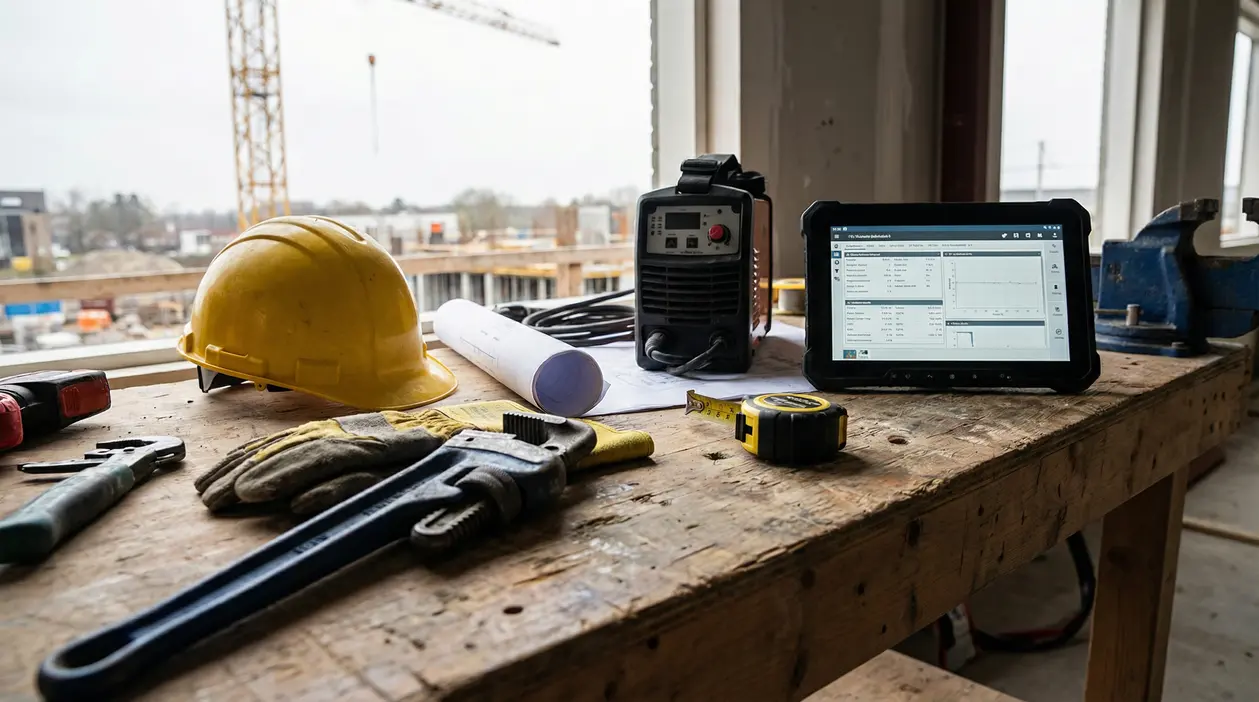 Banco da lavoro con attrezzi da cantiere, casco giallo e tablet su sfondo edilizio.