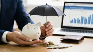 Persona tiene un salvadanaio sotto un ombrello vicino a monete e banconote su una scrivania