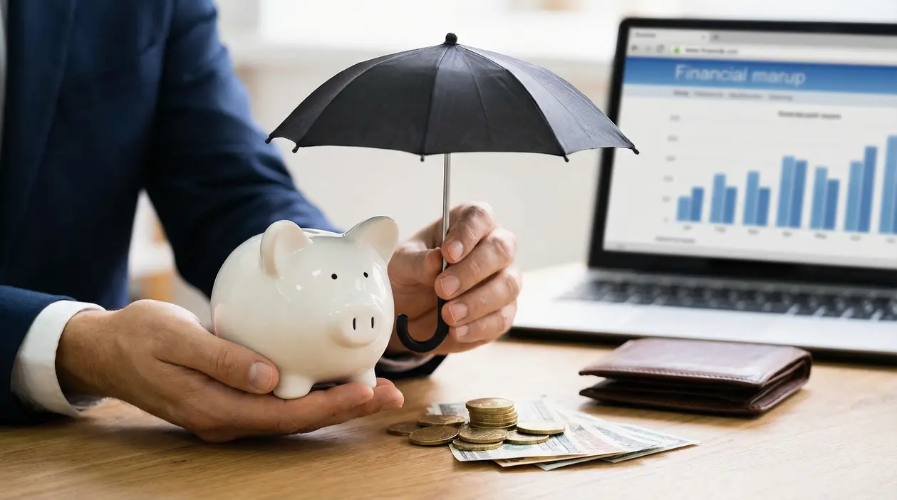 Persona tiene un salvadanaio sotto un ombrello vicino a monete e banconote su una scrivania