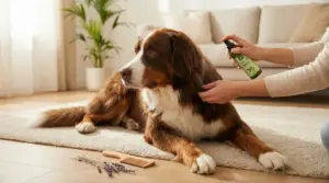 Persona applica un rimedio naturale contro le pulci su un cane sdraiato in casa