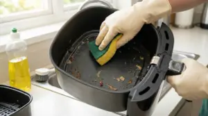 Una persona pulisce una friggitrice ad aria con una spugna in cucina