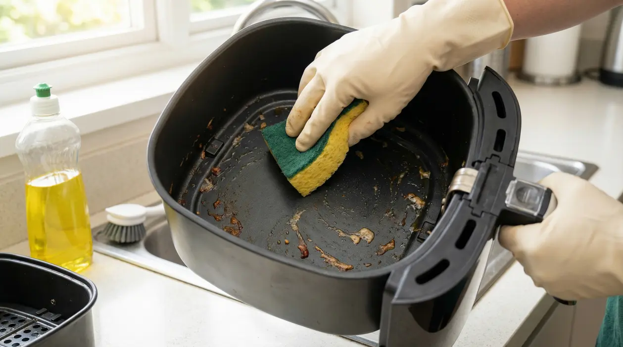 Una persona pulisce una friggitrice ad aria con una spugna in cucina