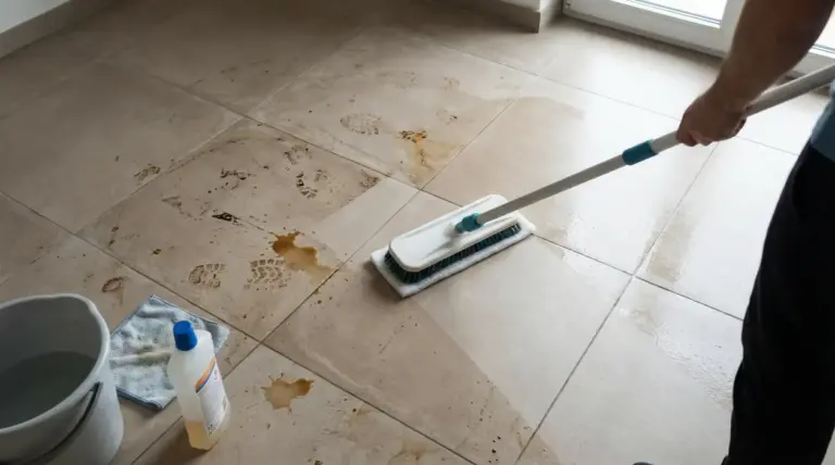 Persona pulisce un pavimento in gres opaco con macchie e impronte visibili
