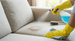 Mani con guanti gialli puliscono una macchia su un divano con spray e panno.