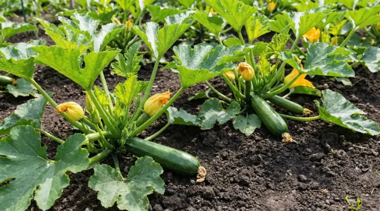 Piante di zucchine in un orto con frutti maturi e fiori gialli