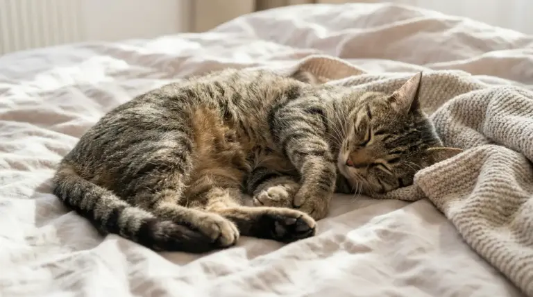 Gatto tigrato che dorme profondamente su un letto con coperta chiara