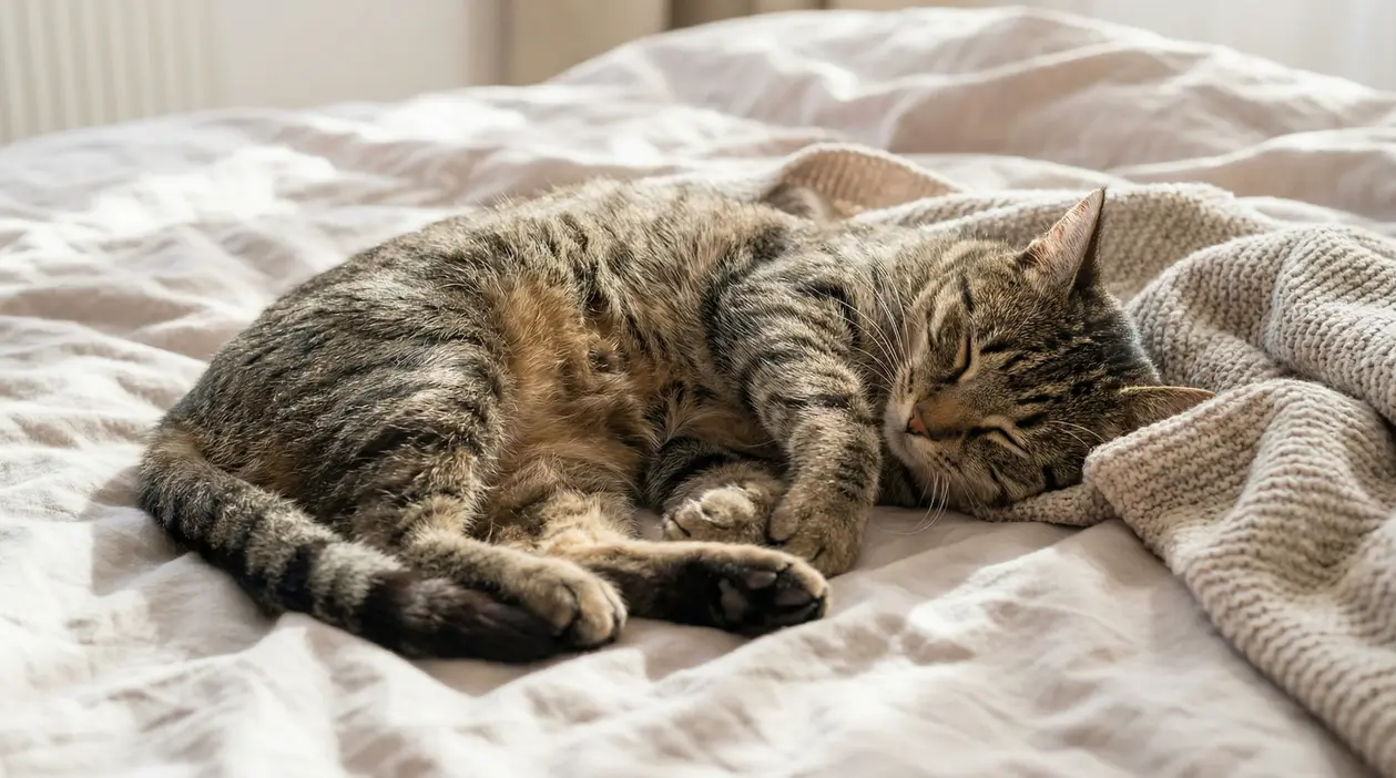 Gatto tigrato che dorme profondamente su un letto con coperta chiara