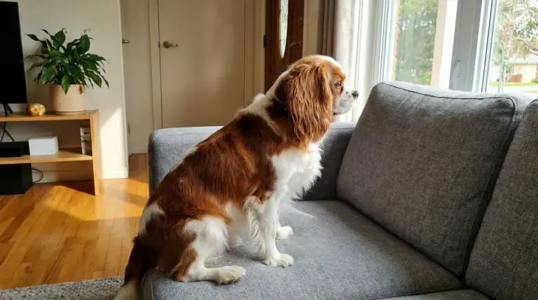Un cane seduto su un divano guarda fuori dalla finestra in una stanza luminosa