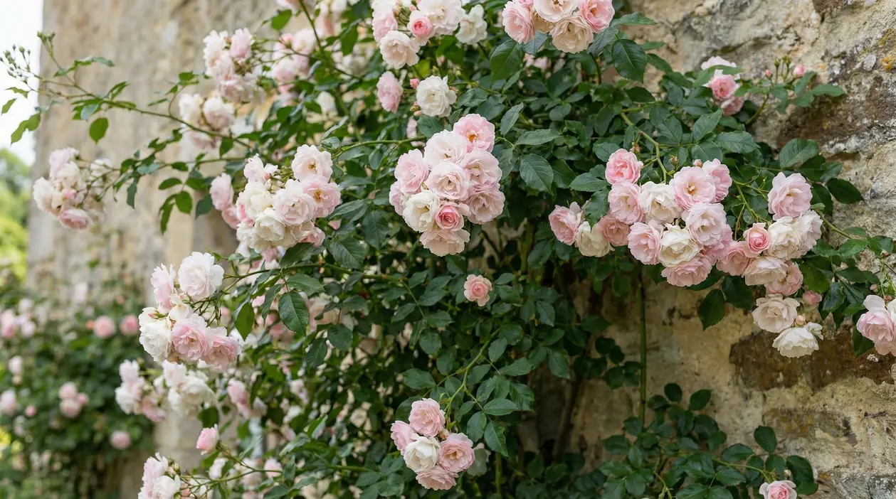 Rampicante con fiori rosa chiaro in fiore contro un muro di pietra