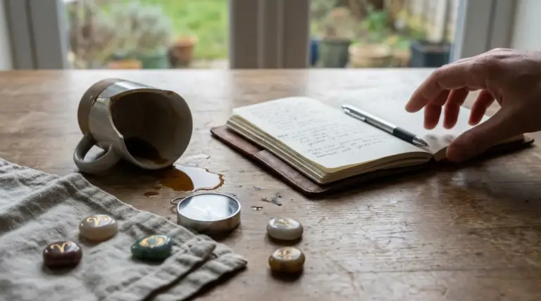 Taccuino aperto su un tavolo con tazza rovesciata, simboli zodiacali e una mano