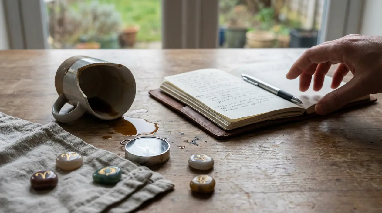 Taccuino aperto su un tavolo con tazza rovesciata, simboli zodiacali e una mano