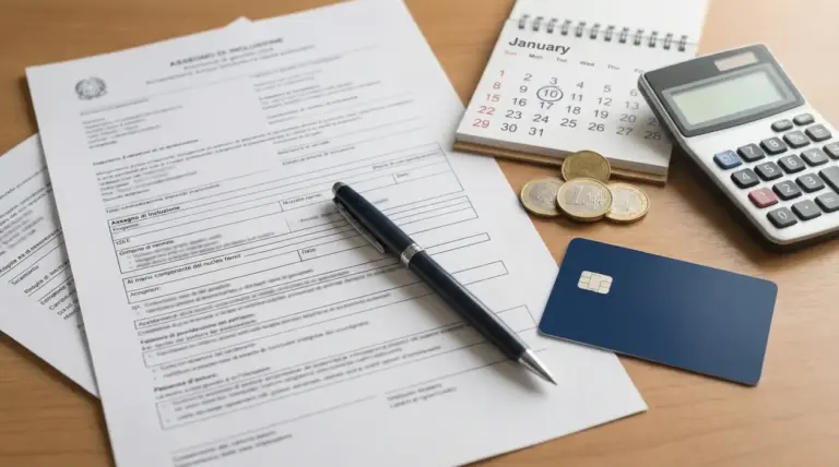 Moduli per l'assegno di inclusione su una scrivania con penna, calendario, monete e calcolatrice