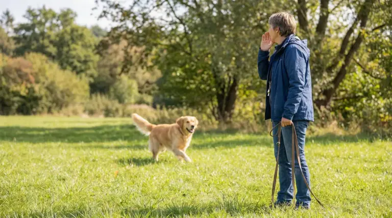 Persona chiama un cane in un prato durante un'attività di addestramento all'aperto