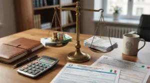 Bilancia con monete e documenti fiscali su una scrivania con calcolatrice