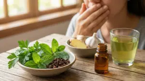 Rimedi naturali come menta, chiodi di garofano e tisane su un tavolo di legno