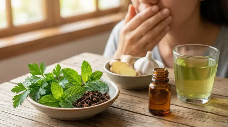 Rimedi naturali come menta, chiodi di garofano e tisane su un tavolo di legno