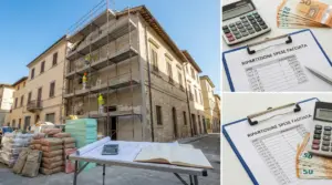 Lavori di rifacimento facciata su edificio condominiale con ponteggi e materiali edili