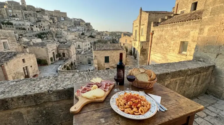 Tavolo con piatti tipici davanti ai Sassi di Matera al tramonto