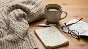 Taccuino, termometro, maglione di lana e tazza su un tavolo di legno