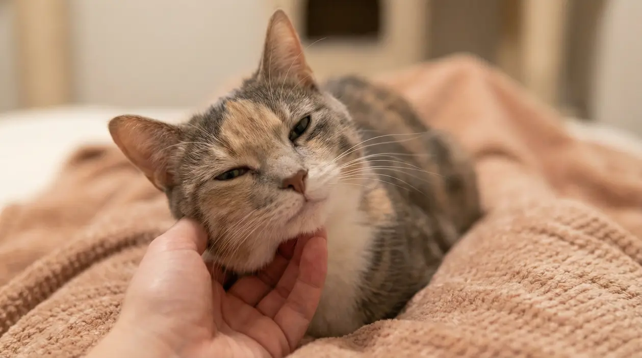 Gatto rilassato accarezzato sotto il mento su una coperta morbida