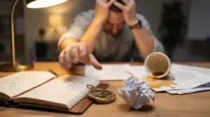 Persona seduta a una scrivania con testa tra le mani e materiali astrologici sparsi