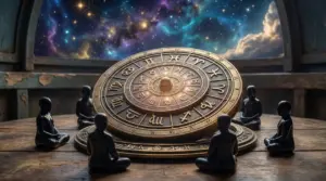 Rappresentazione artistica di un cerchio zodiacale con figure meditative e sfondo stellare