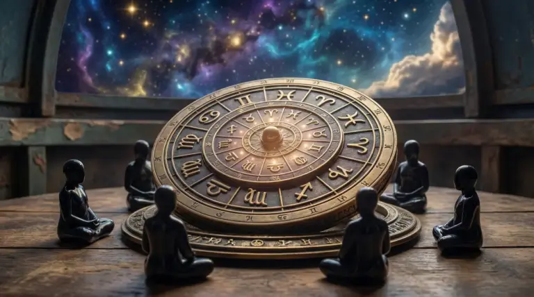 Rappresentazione artistica di un cerchio zodiacale con figure meditative e sfondo stellare
