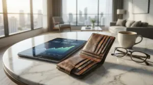 Portafoglio, tablet con grafico finanziario, occhiali e tazza su tavolo in soggiorno moderno