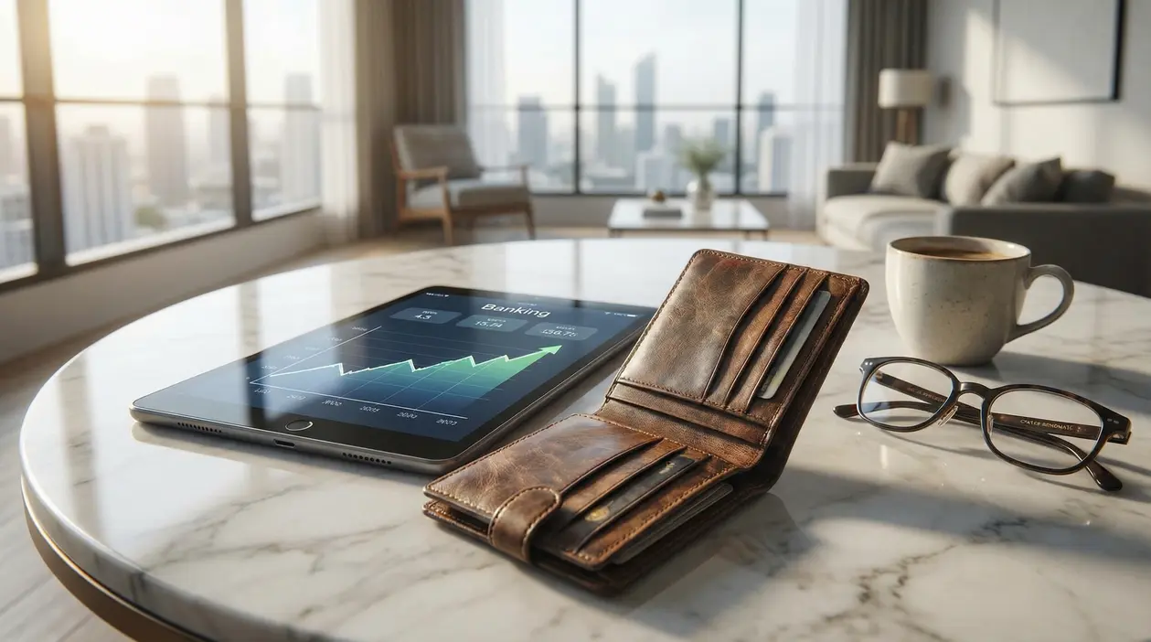 Portafoglio, tablet con grafico finanziario, occhiali e tazza su tavolo in soggiorno moderno