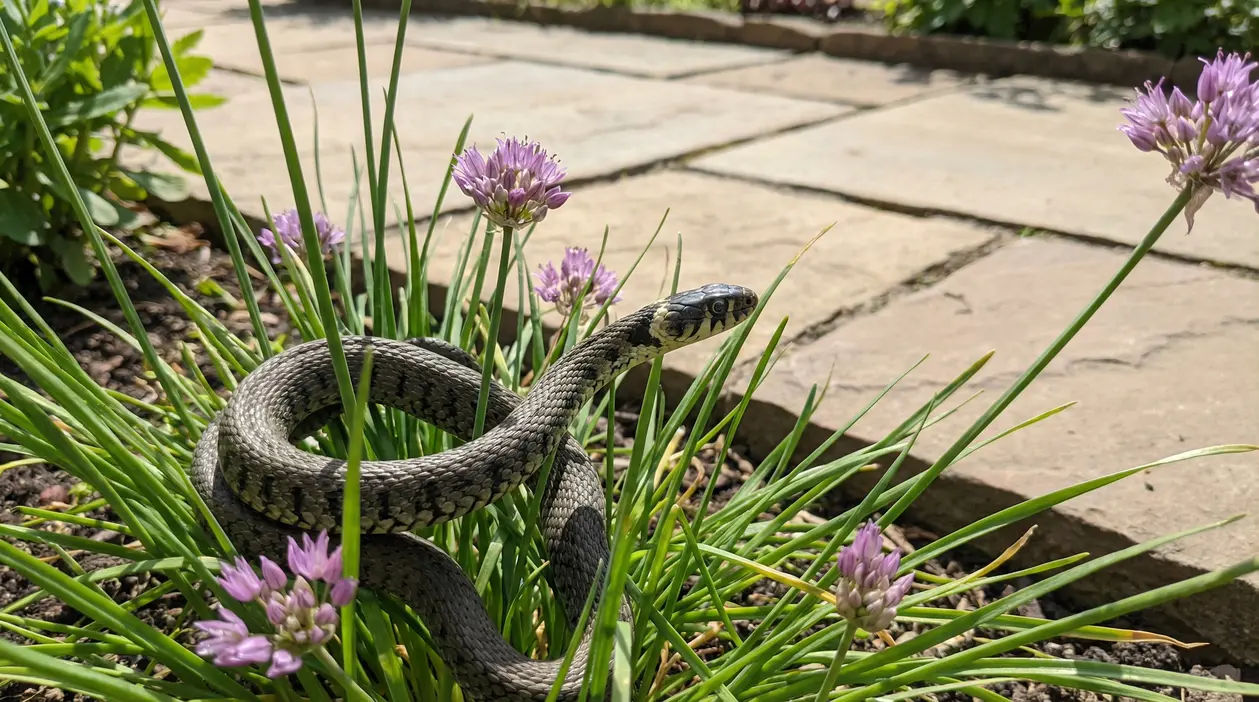 Serpente tra l'erba in un giardino vicino a fiori viola