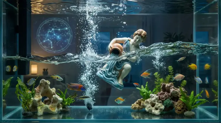Statua dell'Acquario in un acquario con pesci colorati e fondo decorato