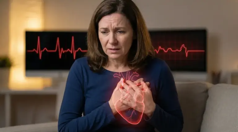 Donna con espressione preoccupata si tiene il petto, con grafica di cuore e tracciato cardiaco