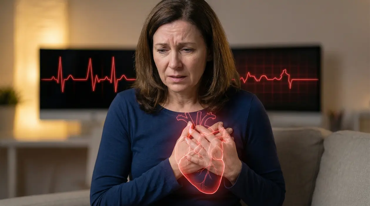Donna con espressione preoccupata si tiene il petto, con grafica di cuore e tracciato cardiaco