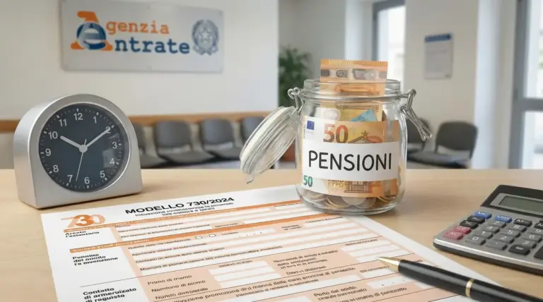 Ufficio con modulo 730, orologio, barattolo con euro etichettato 'pensioni' e calcolatrice