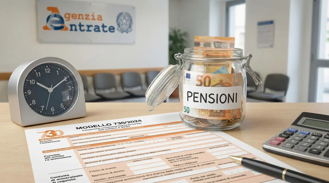Ufficio con modulo 730, orologio, barattolo con euro etichettato 'pensioni' e calcolatrice