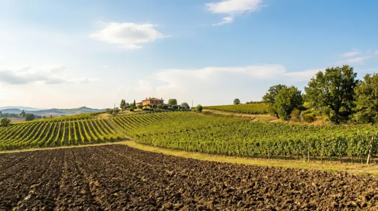 Terreno agricolo con vigneti su colline e una casa rurale in lontananza sotto cielo sereno