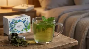 Tisana alla melissa in una tazza di vetro su un comodino, accanto a una confezione e foglie essiccate