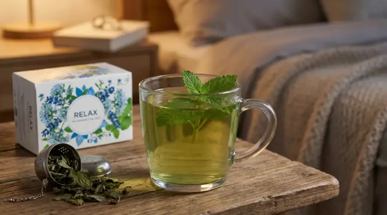 Tisana alla melissa in una tazza di vetro su un comodino, accanto a una confezione e foglie essiccate