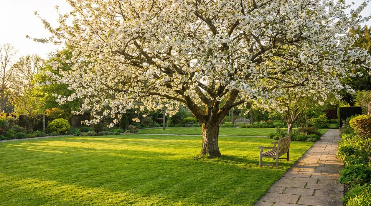 Albero in fiore in un giardino curato con panchina e vialetto lastricato