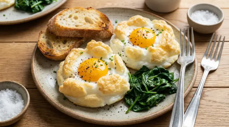 Uova alla nuvola servite con spinaci saltati e fette di pane tostato su un piatto di ceramica