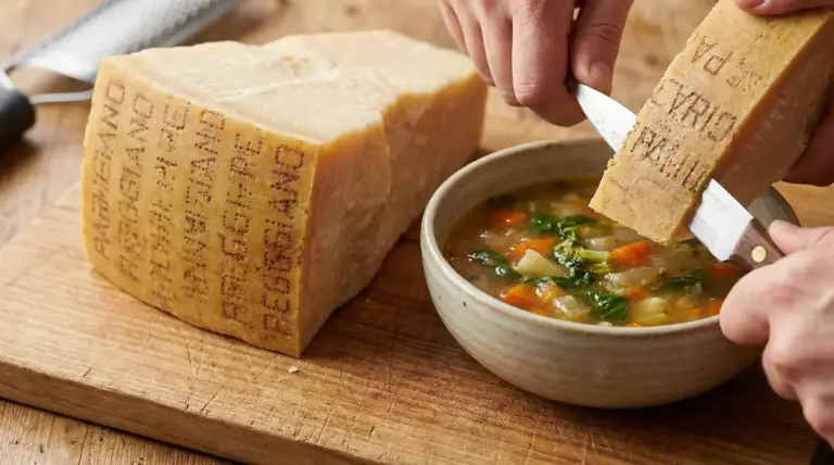 Scorza di Parmigiano Reggiano tagliata e inserita in una zuppa di verdure