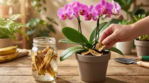 Mano che inserisce bucce di banana nel vaso di un'orchidea con fiori rosa