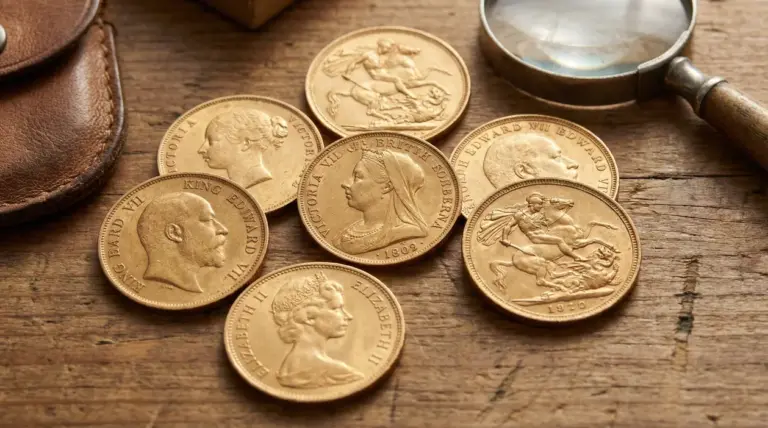 Vecchie sterline d'oro britanniche disposte su un tavolo di legno con lente d'ingrandimento