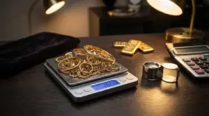 Gioielli in oro usato su una bilancia digitale accanto a lingotti e calcolatrice