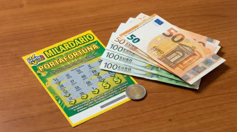 Biglietto gratta e vinci accanto a banconote e una moneta su un tavolo di legno