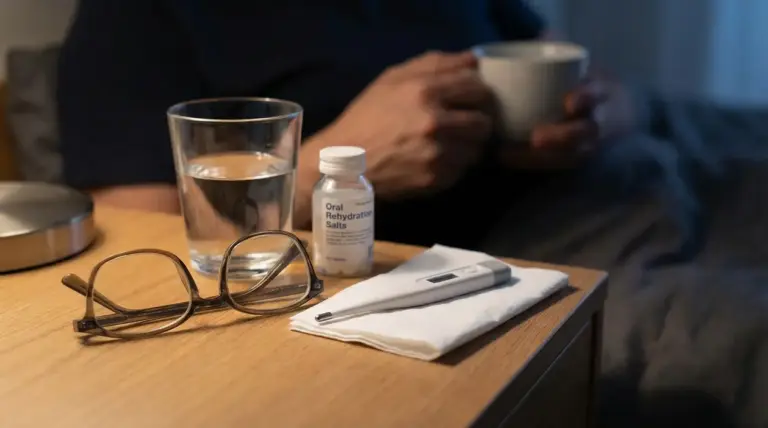 Occhiali, termometro, sali reidratanti e bicchiere d'acqua su un comodino vicino a una persona a letto