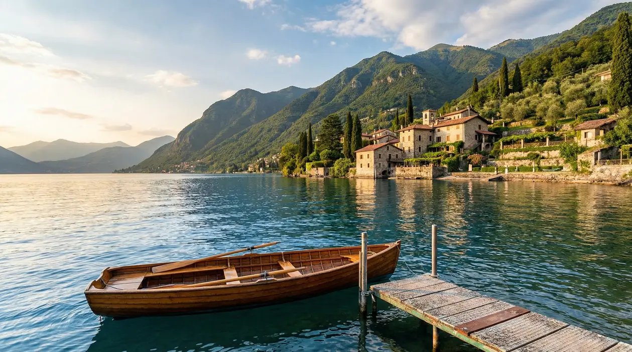 Barca in legno ormeggiata su un lago tranquillo con case storiche e colline verdi sullo sfondo