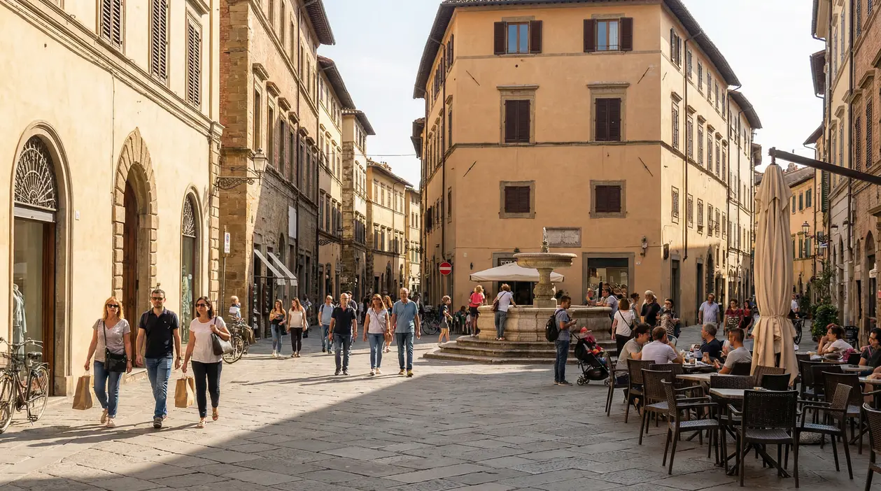 Persone che passeggiano e si rilassano in una piazza pedonale di una città italiana