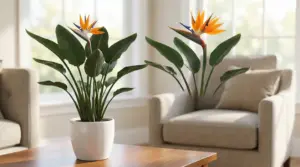 Pianta di strelitzia in vaso bianco su tavolino in soggiorno luminoso, vicino a finestra e poltrone